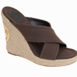 Tory Burch Kristen Canvas Fabric Platform Espadrille Wedges Sandals Size 10 EUC